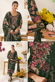 Pure Premium Organza Jacquard Digital Print Salwar Kameez In Dark Green Color